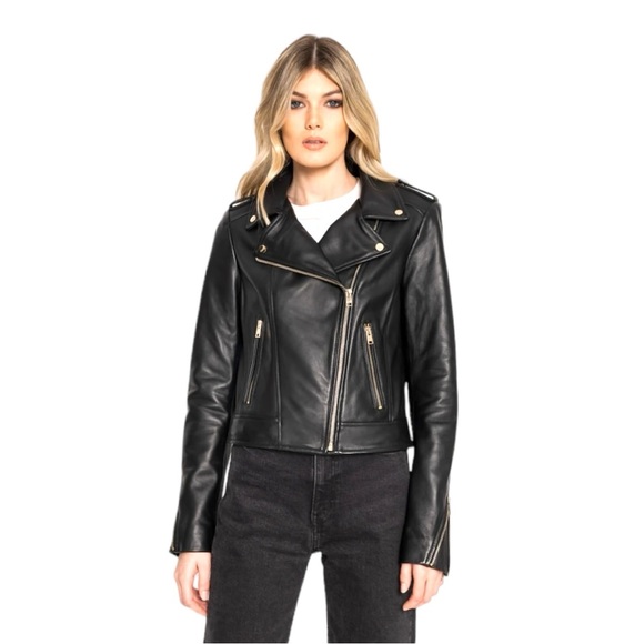 Lamarque Jackets & Blazers - LAMARQUE Donna 21 Leather Moto Jacket in Black with Gold Hardware